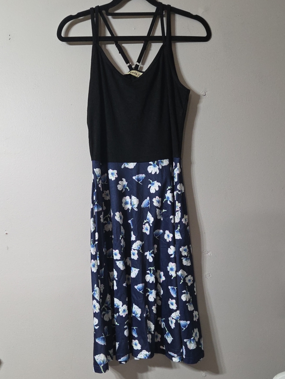 Black & Navy Floral Midi Dress with Strappy Back